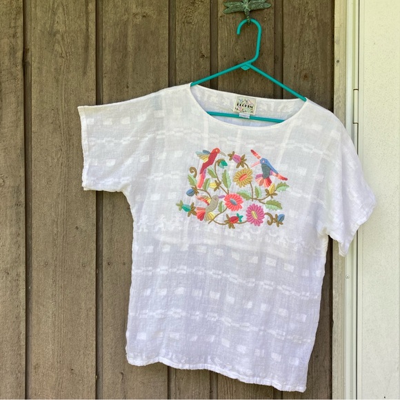 ELOHIM Top White Colorful Floral Embroidered Cotton Green Pink Blue Size Large - Picture 4 of 15